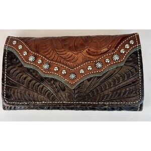 American West Bifold Tooled Leather And Studded Long Wallet